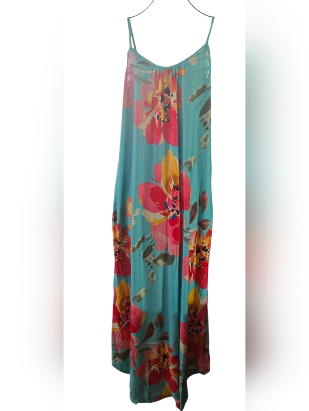 E. Luna Turquoise Floral Maxi Slip Dress with Pink & Yellow Blooms Size 1X